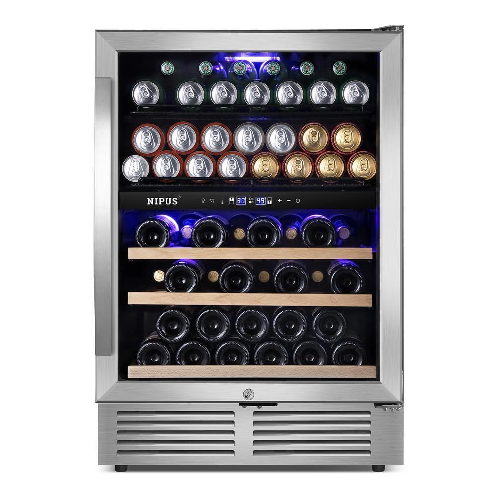 Nipus 24 Inch 94 Can and 27 Bottle Dual Zone Wine & Beverage Refrigerator Freestanding Built-in Beer and Drink Cooler with Glass Door For Kitchen, Bar or Office Classic Series