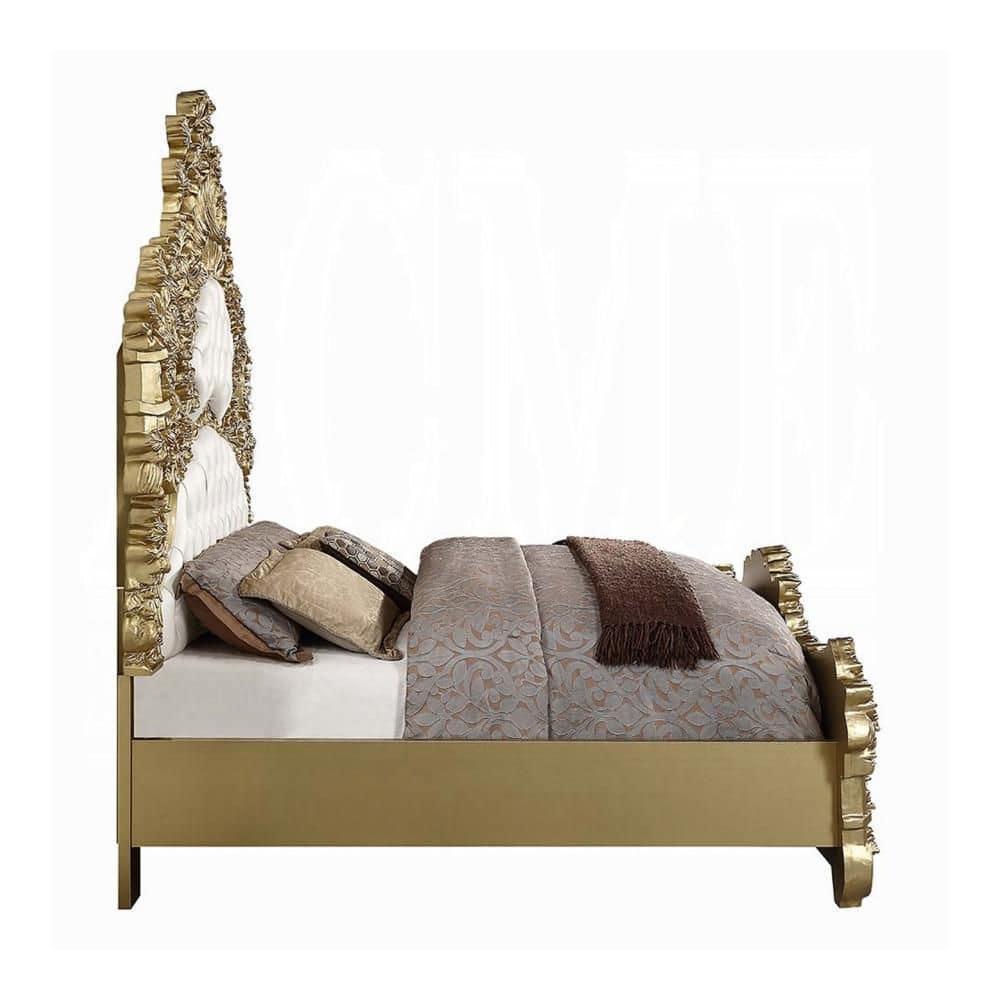 Benjara Rexx King Bed, White Faux Leather Victorian Carved, Classic Gold Wood