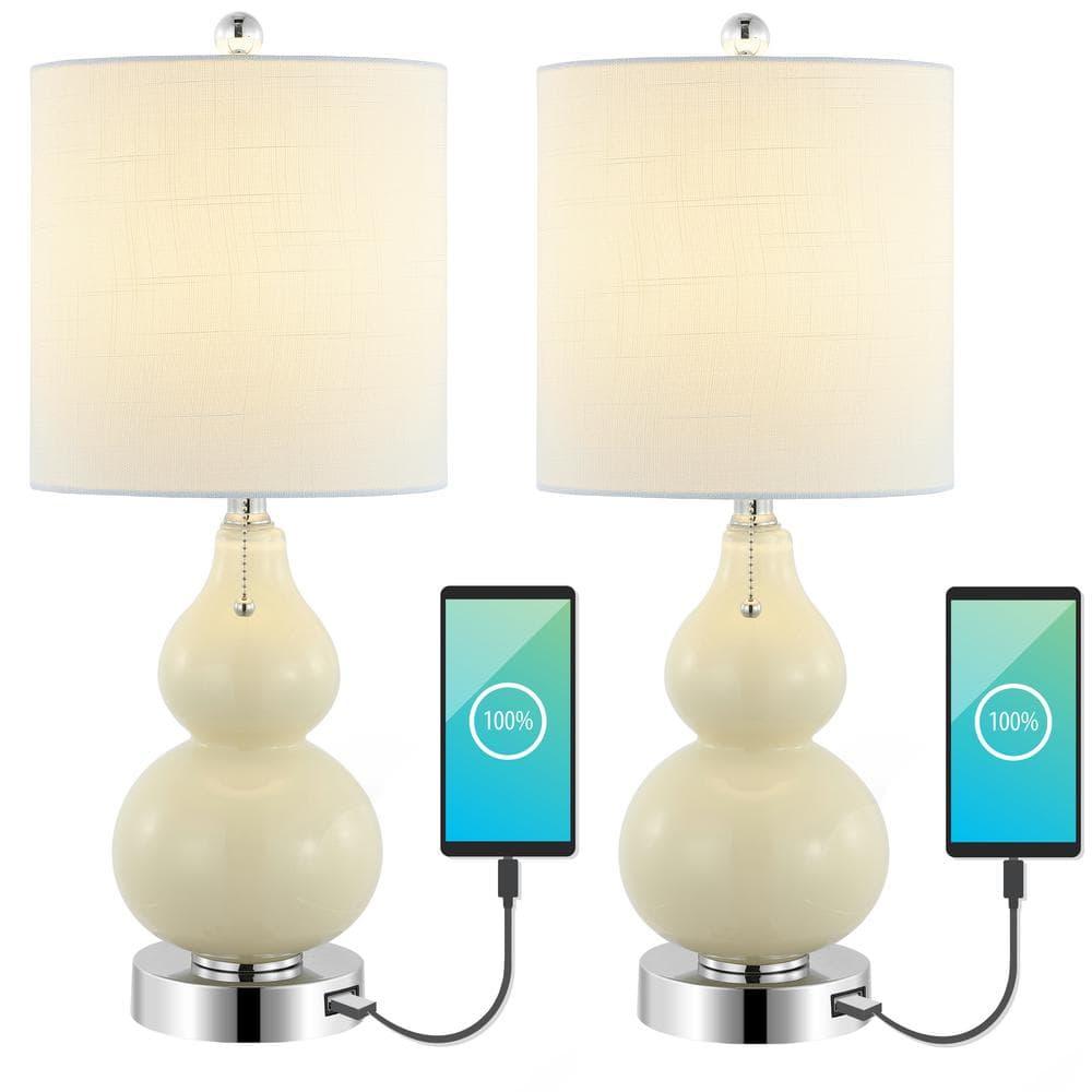 JONATHAN Y JYL1125A-SET2 Cora 22" Classic Vintage Glass LED Table Lamp with USB Charging Port, Coastal, Contemporary, Traditional for living room, bedroom Bulb Included, Cream (Set of 2)