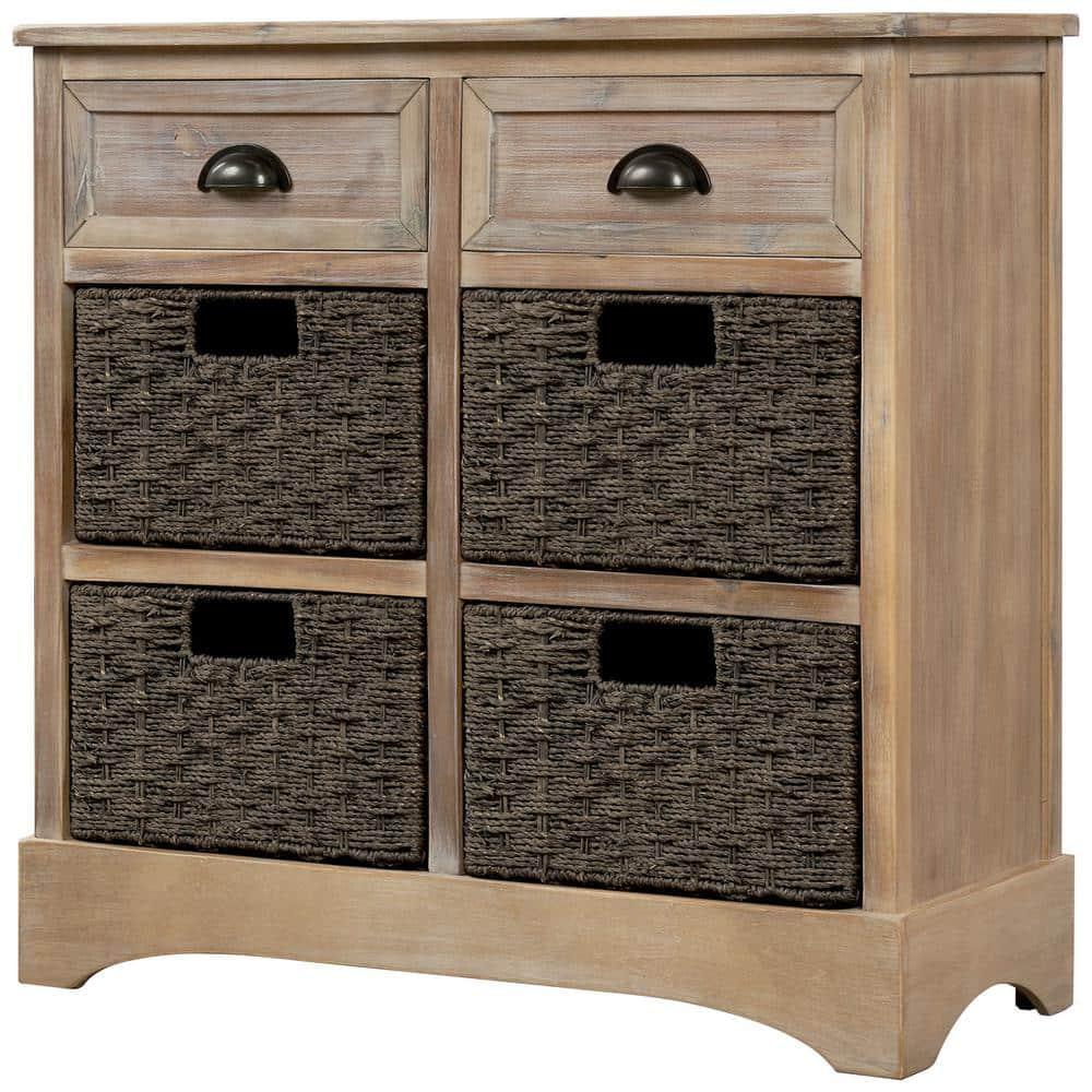 White Washed Rustic Storage Cabinet with 2-Drawers and 4-Classic Fabric Basket