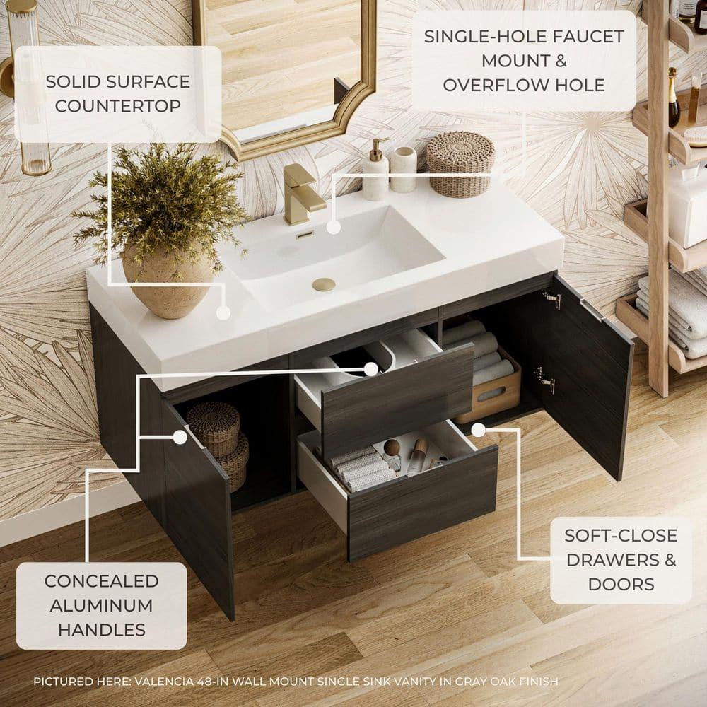 Valencia 48" Wall Mount Single Sink Bathroom Vanity with Top and Sink (Faucet Not Included)