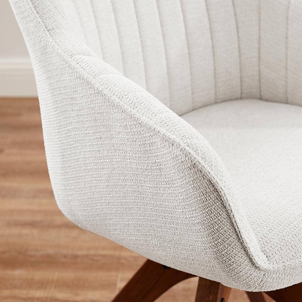 Off-White Fabric and Wood Swivel Accent Chair