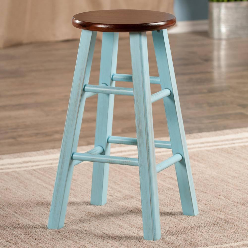 24" Ivy Counter Height Barstool Light Blue/Brown - Winsome: Farmhouse Style, Round Seat, Wood Frame