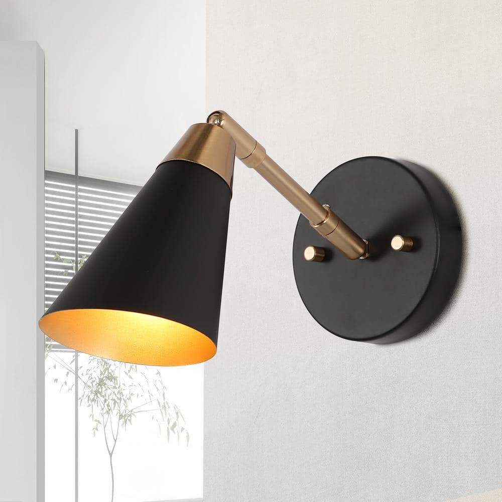 Flumie 1-Light Industrial Black Indoor Wall Sconce Modern Brass Vanity Light Adjustable Head with Cone Metal Shade