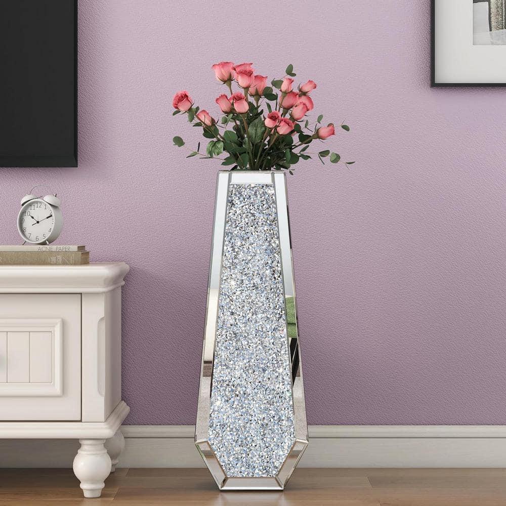 30" Tall Silver Glass Floor Vase with Crushed Diamond Mirror