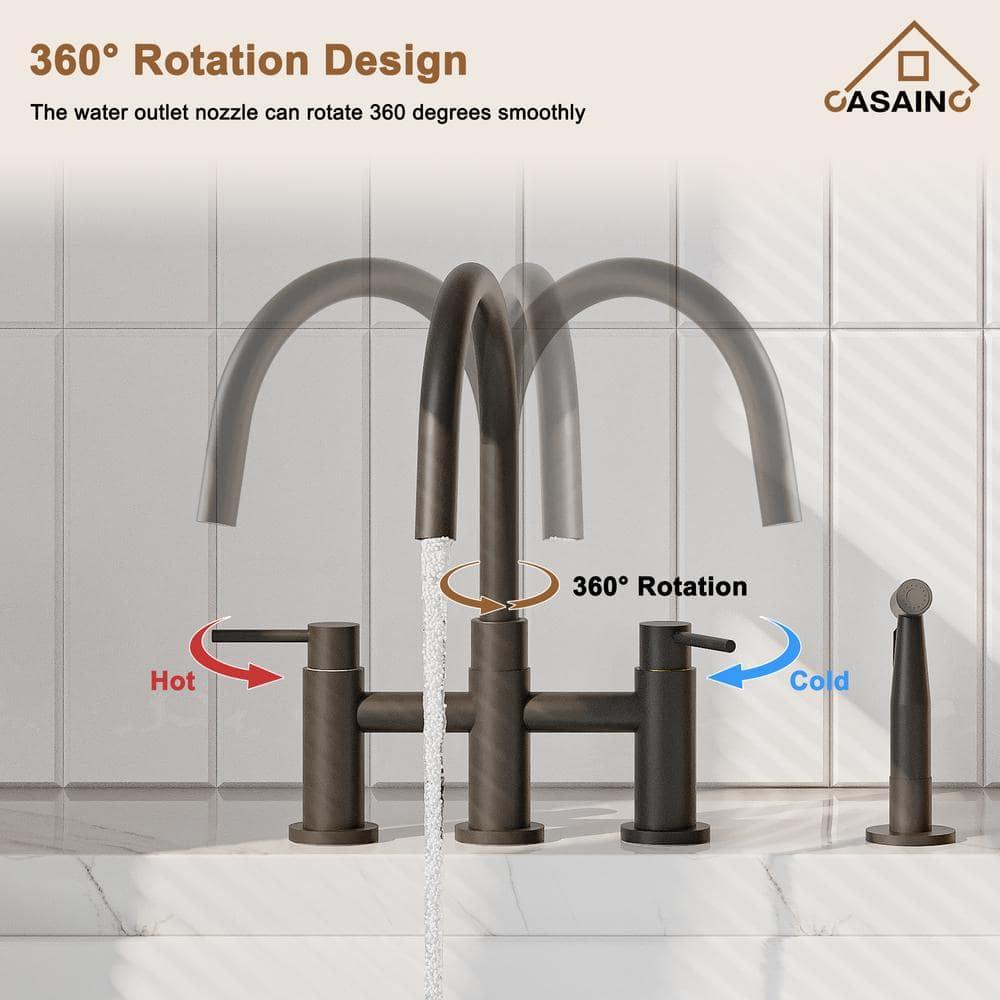 Double Handle Bridge Kitchen Faucet with Side Sprayer in Matte Black