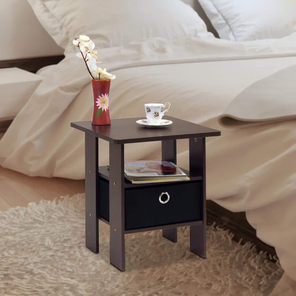 Furinno Andrey Engineered Wood End Table with Bin Drawer in Dark Brown/Black