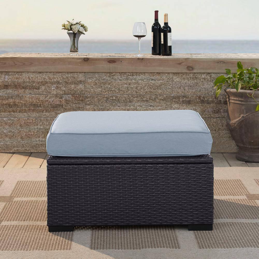 Biscayne Ottoman with Mist Cushions - Brown/Mist - Crosley: Wicker Patio Footrest, UV-Resistant, Polyurethane Foam Fill