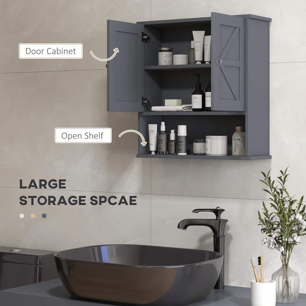 kleankin Bathroom Wall Cabinet, Farmhouse Medicine Cabinet with Open Shelf & Adjustable Shelf, Storage Cupboard for Laundry Room, Gray