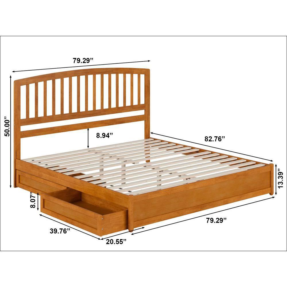 Lucia King Wood Platform Bed with Panel Footboard & Drawers in Light Toffee
