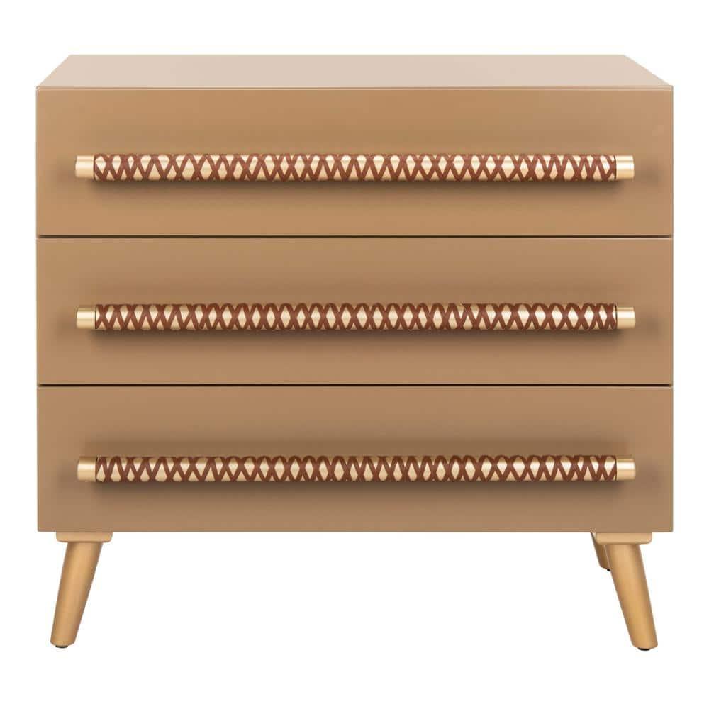 Raquel 3 Drawer Chest - Taupe/Gold/Brown Faux Leather - Safavieh.