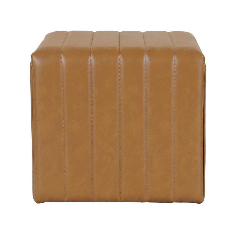Modern Channel Ottoman Caramel Faux Leather - HomePop: Upholstered Rectangle, No Assembly Required