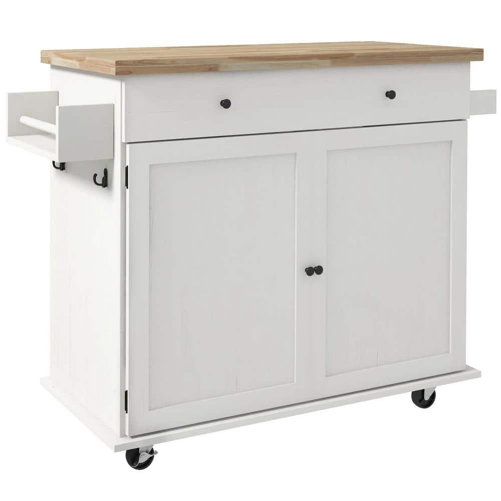 HOMCOM Rolling Kitchen Island with Storage Drawer, Wood Breakfast Bar Kitchen Island Cart 2 Doors, Spice Rack, Towel Racks and 2 Hooks, White