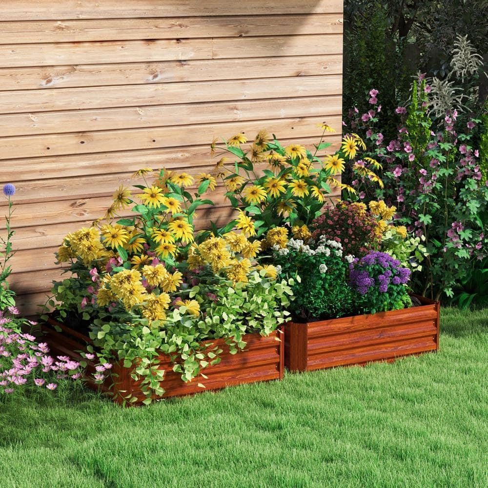 Outsunny 3.3' x 3.3' x 1' 2-Piece Galvanized Raised Garden Bed Box Planter Raised Beds with Steel Frame for Vegetables, Flowers, and Herbs, Dark Brown