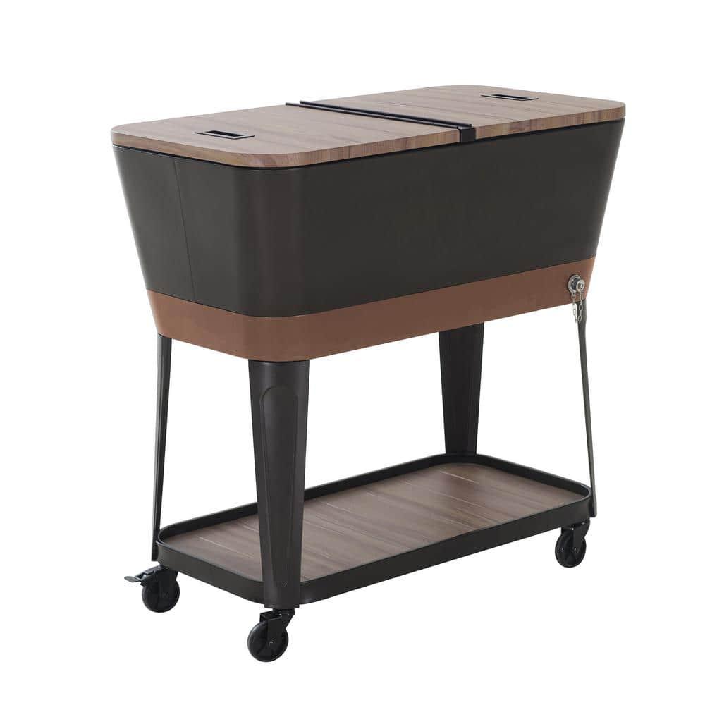 Sunjoy Durant 80-Quart Wood Grain Finish Metal Rolling Ice Chest Cooler Cart with Storage Shelf, Steel Bottle Opener, and Lockable Wheels