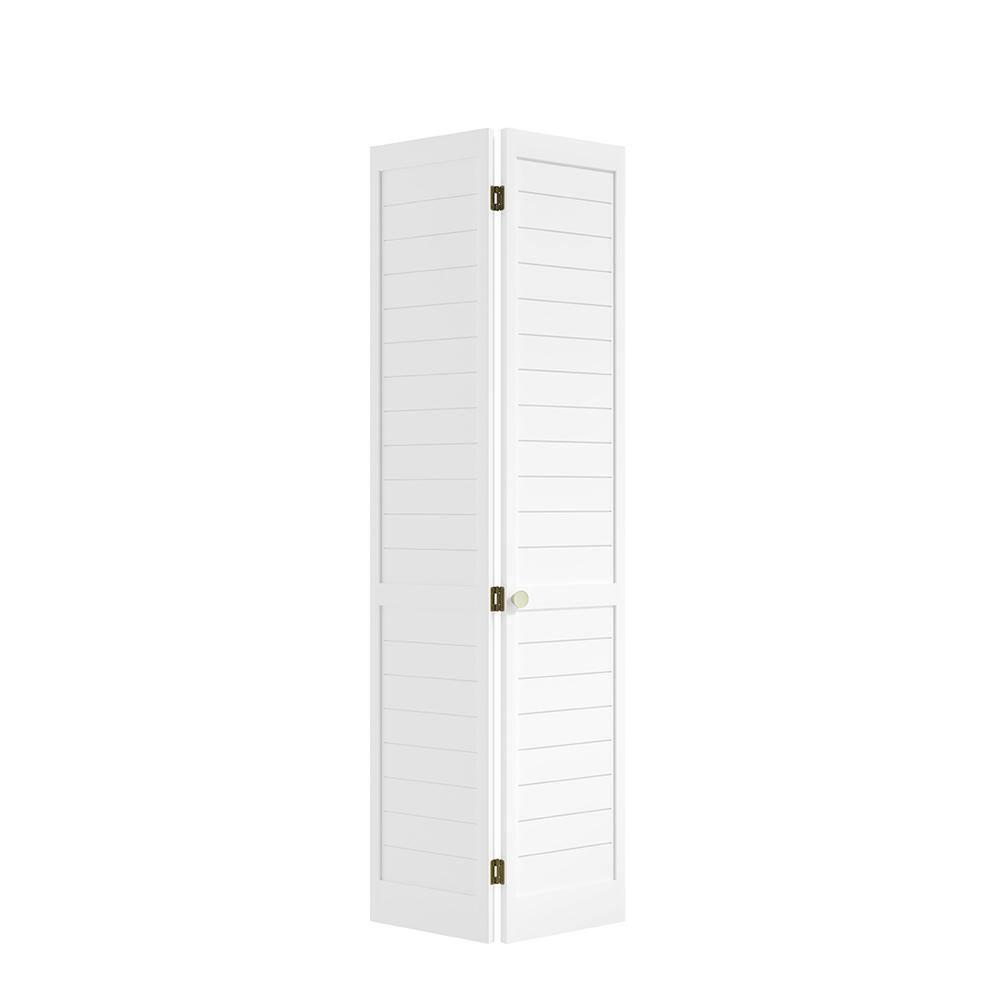 EightDoors 80-in Louvered Wood Finished Painted Flat Bi-Fold Door