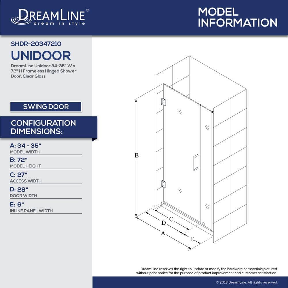 Unidoor 34" W x 72" H Hinged Frameless Shower Door with Clearmax™ Technology
