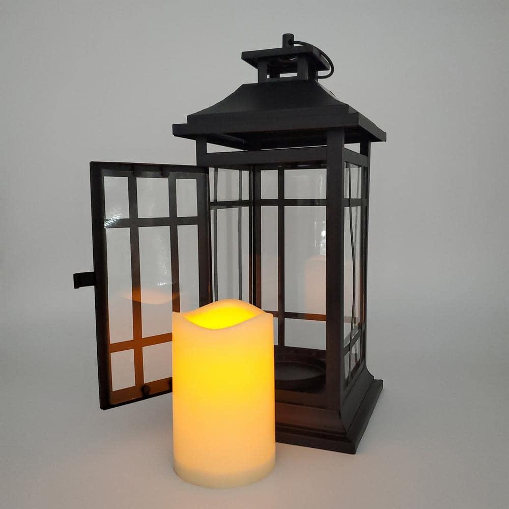 LumaBase Battery Operated Metal Lantern with LED Candle - Black Window (14 inches)