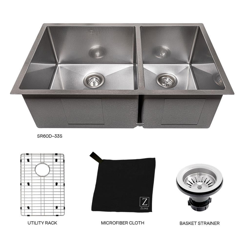 ZLINE 33 in. Chamonix Undermount Double Bowl DuraSnow Stainless Steel Kitchen Sink W/ Bottom Grid (SR60D-33S)