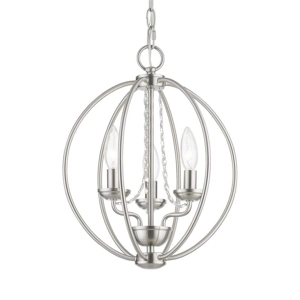 Delridge 12 in.  3-Light Brushed Nickel Globe Convertible Chandelier/Semi Flush with Clear Crystals