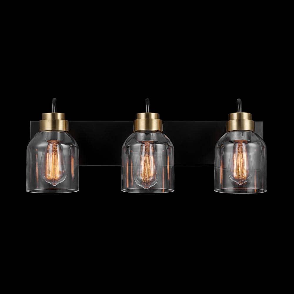 22 in. 3-Light Matte Black Vanity Light with Matte Brass Accents and Glass Shades