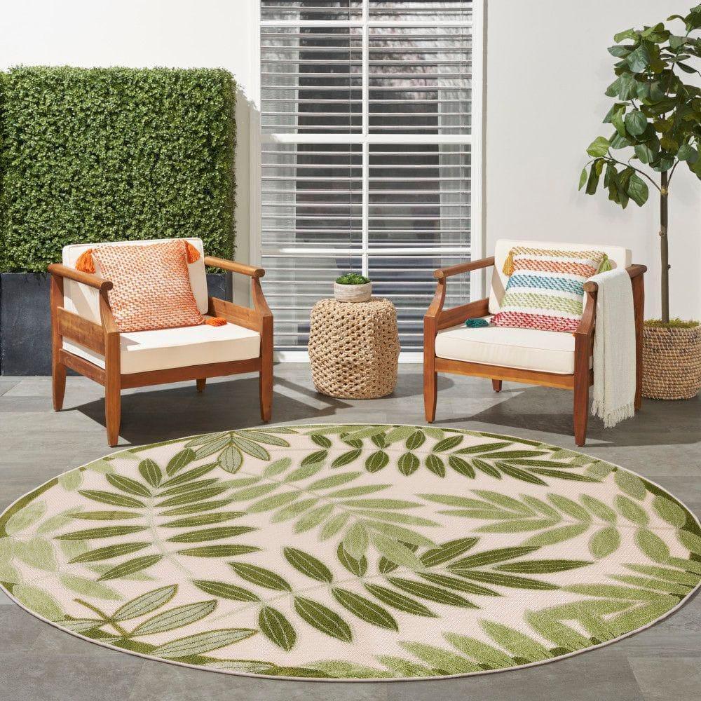 Nourison Aloha Floral Leaf Flatweave High-Low Indoor Outdoor Round Rug Ivory Green 5'3" x 5'3"