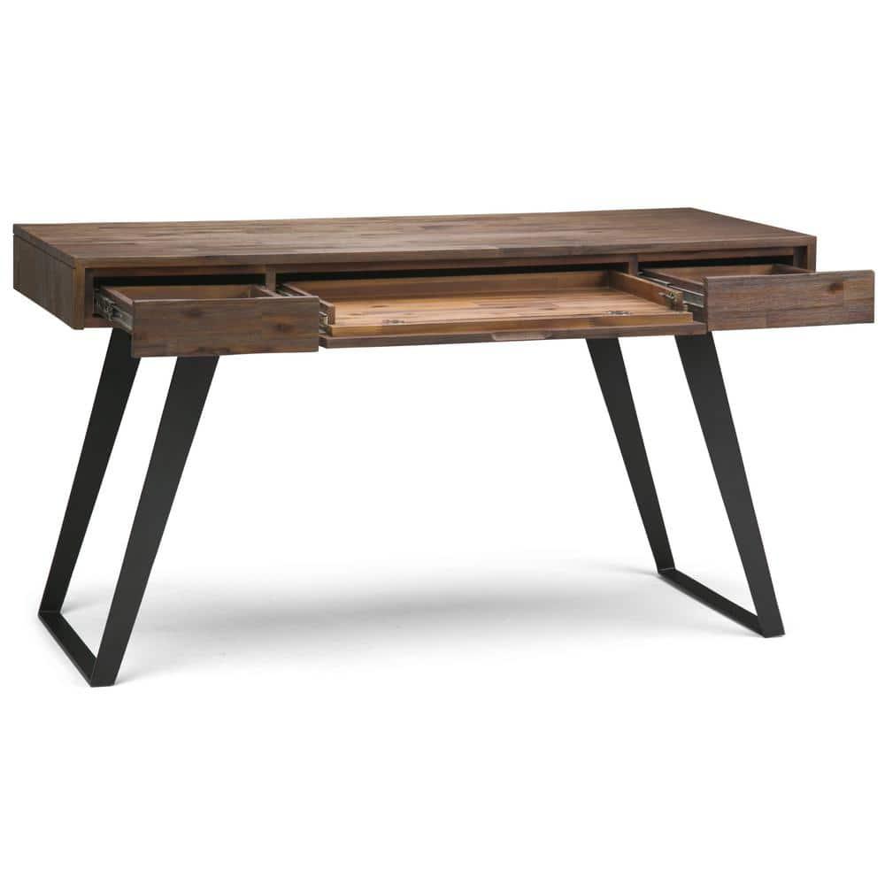 Simpli Home Lowry Solid Acacia Wood Desk, Industrial Style with Keyboard Tray and 2 Drawers