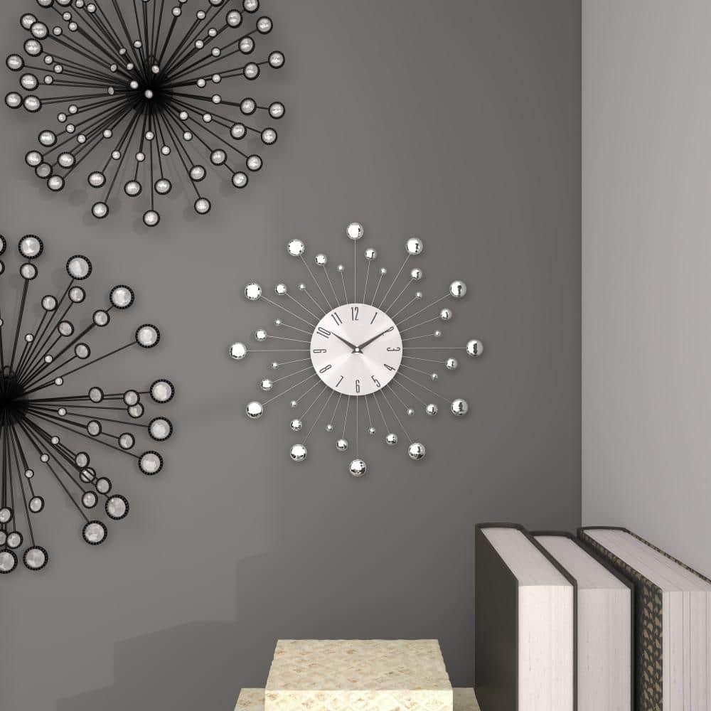 DecMode 15" Silver Metal Starburst Wall Clock with Crystal Accents