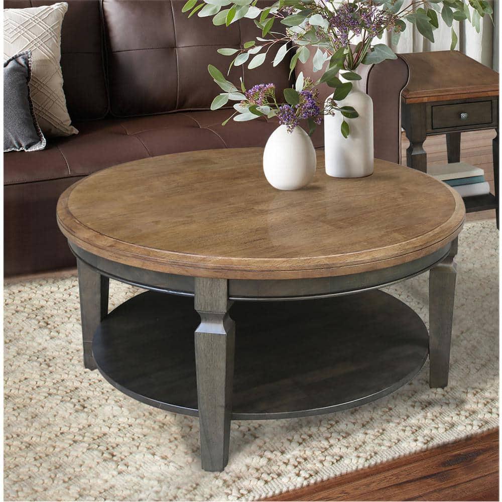 Vista Round Coffee Table Hickory Brown - International Concepts: Solid Wood, Mid-Century Modern, Fixed Shelf