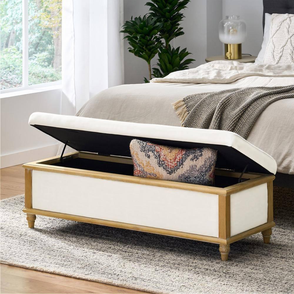 GDF Studio French Country Fabric Storage Ottoman Bench with Weathered Wood Frame, White