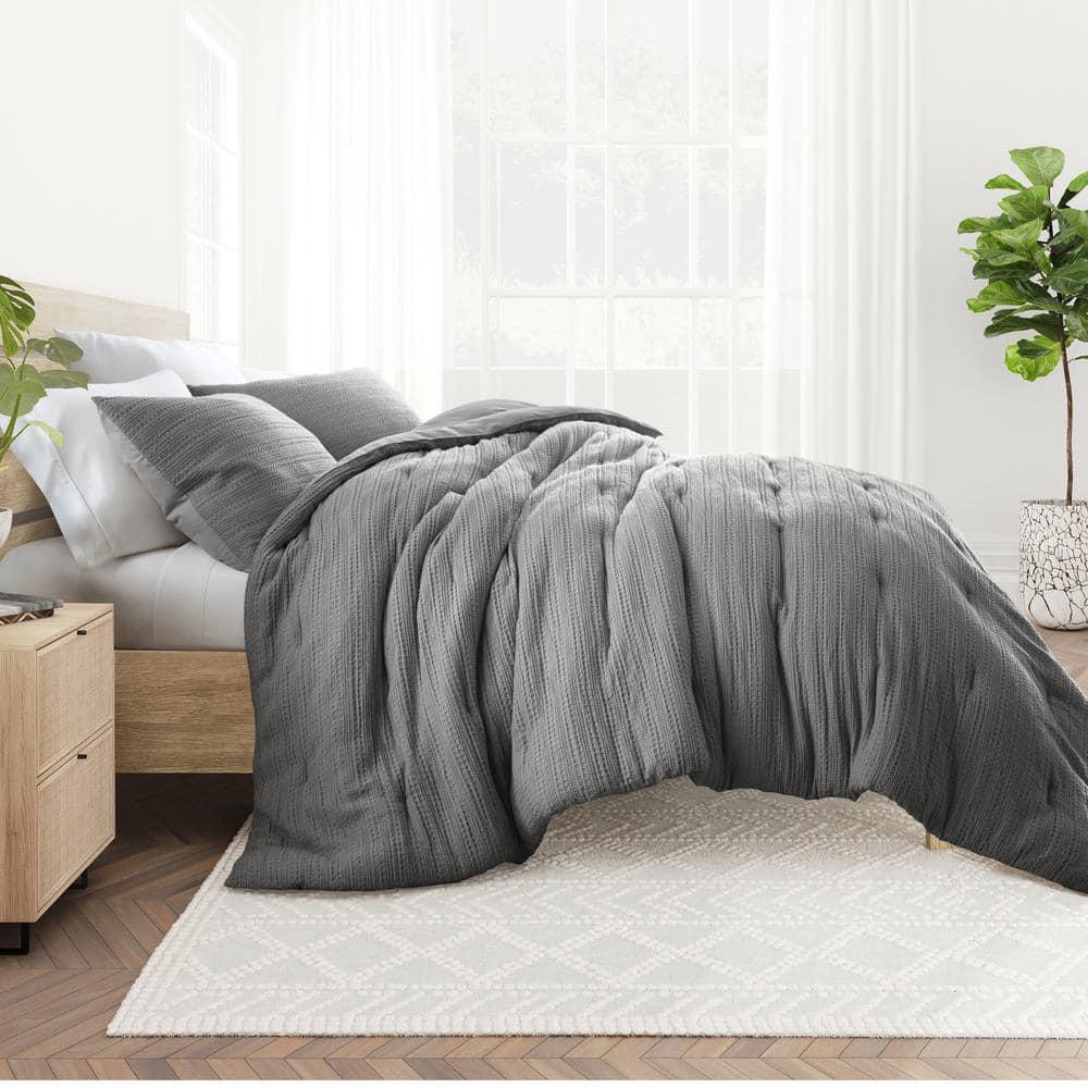 Noble Linens 2 Piece Fog Gray Waffle Textured All Season Down-Alternative Comforter Set, Twin/Twin XL