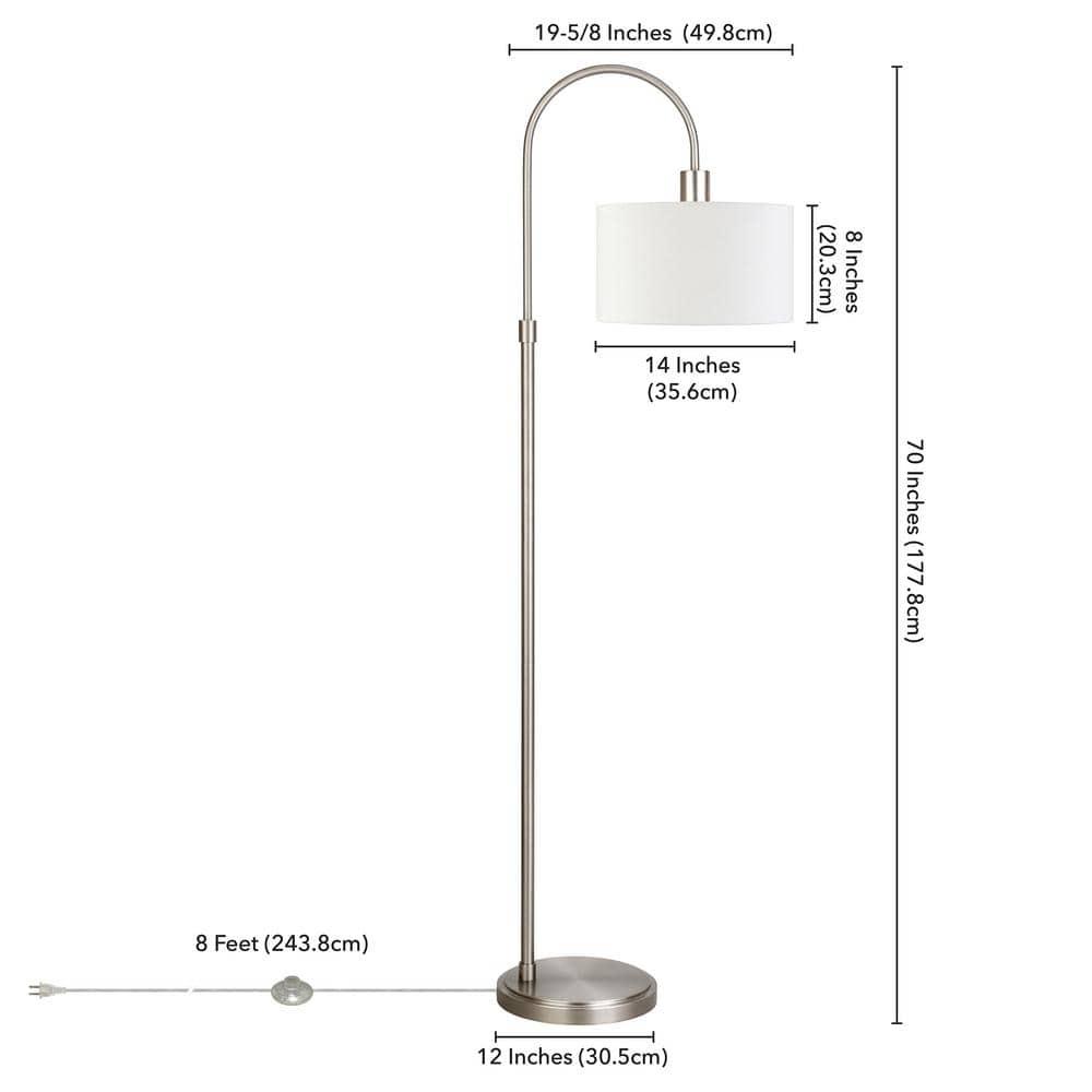 Evelyn&Zoe Veronica 70" Tall Arc Floor Lamp with Fabric Shade, Brushed Nickel/White