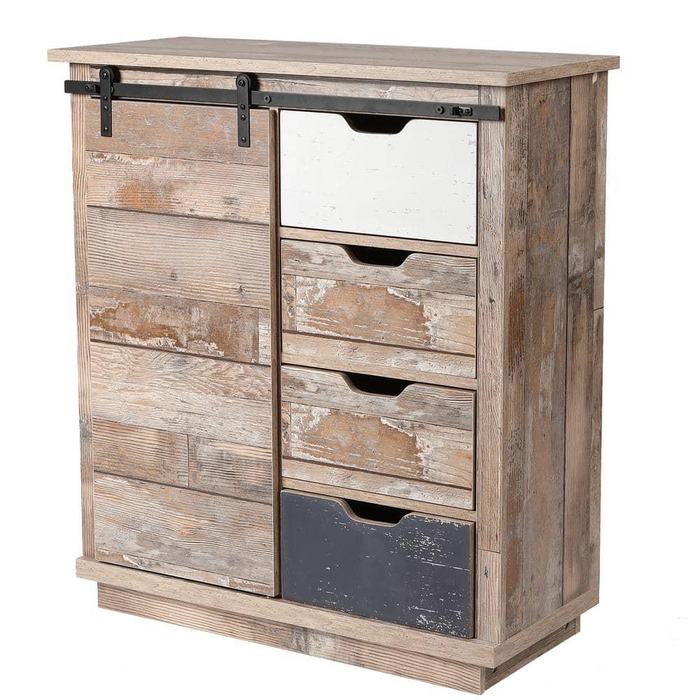 LuxenHome Rustic Wood 4-Drawer 1-Sliding Door Storage Cabinet Brown, White, Gray