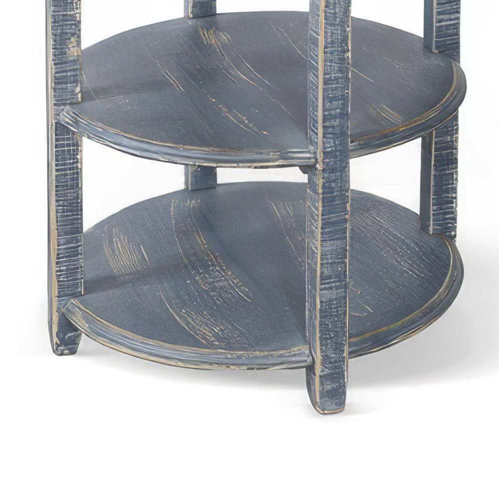 Benjara Rena Side End Table, Scallop Trim, 28 Inch Distressed Blue Mahogany
