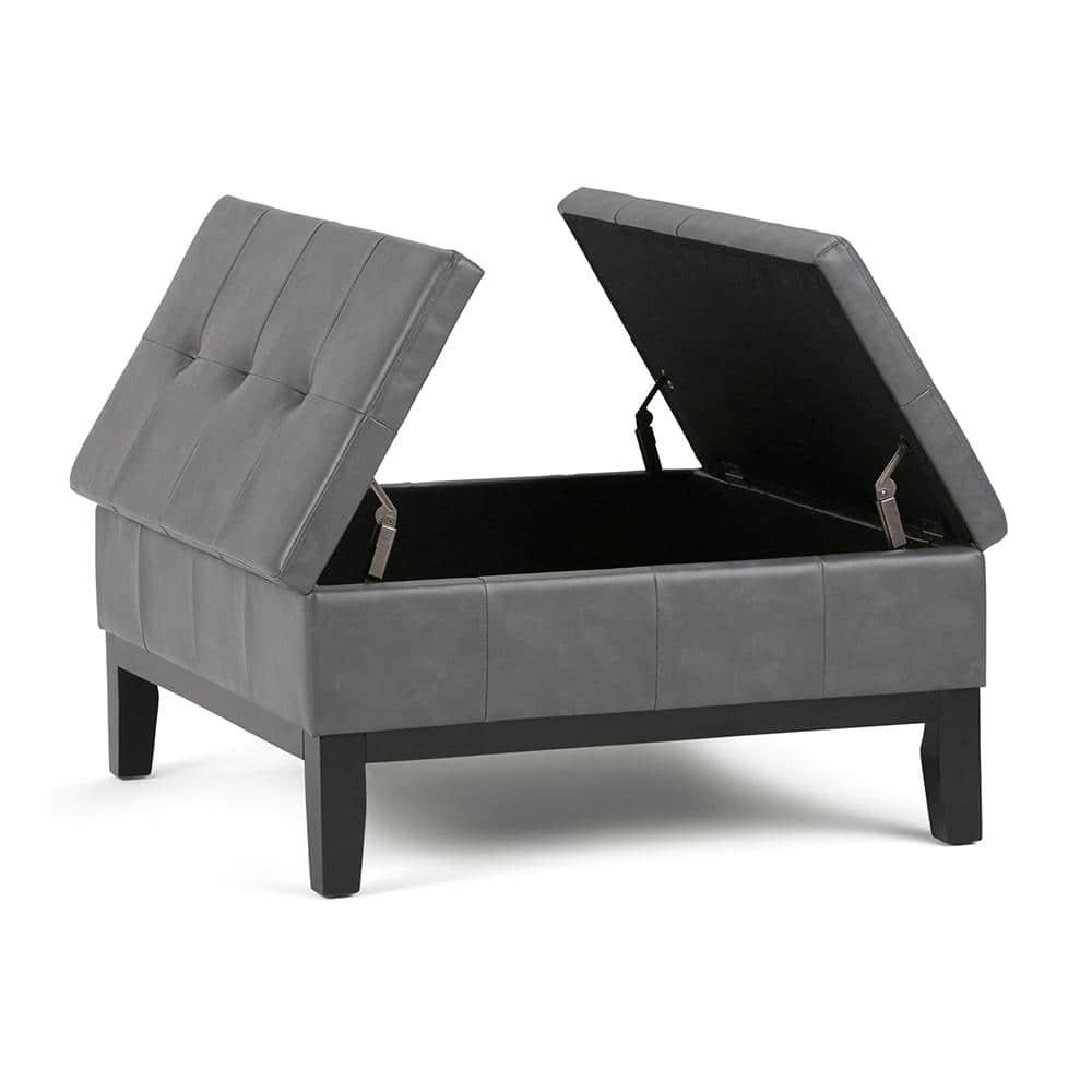 Simpli Home Dover 36"W Upholstered Square Coffee Table Storage Ottoman with Split Tufted Lift Top