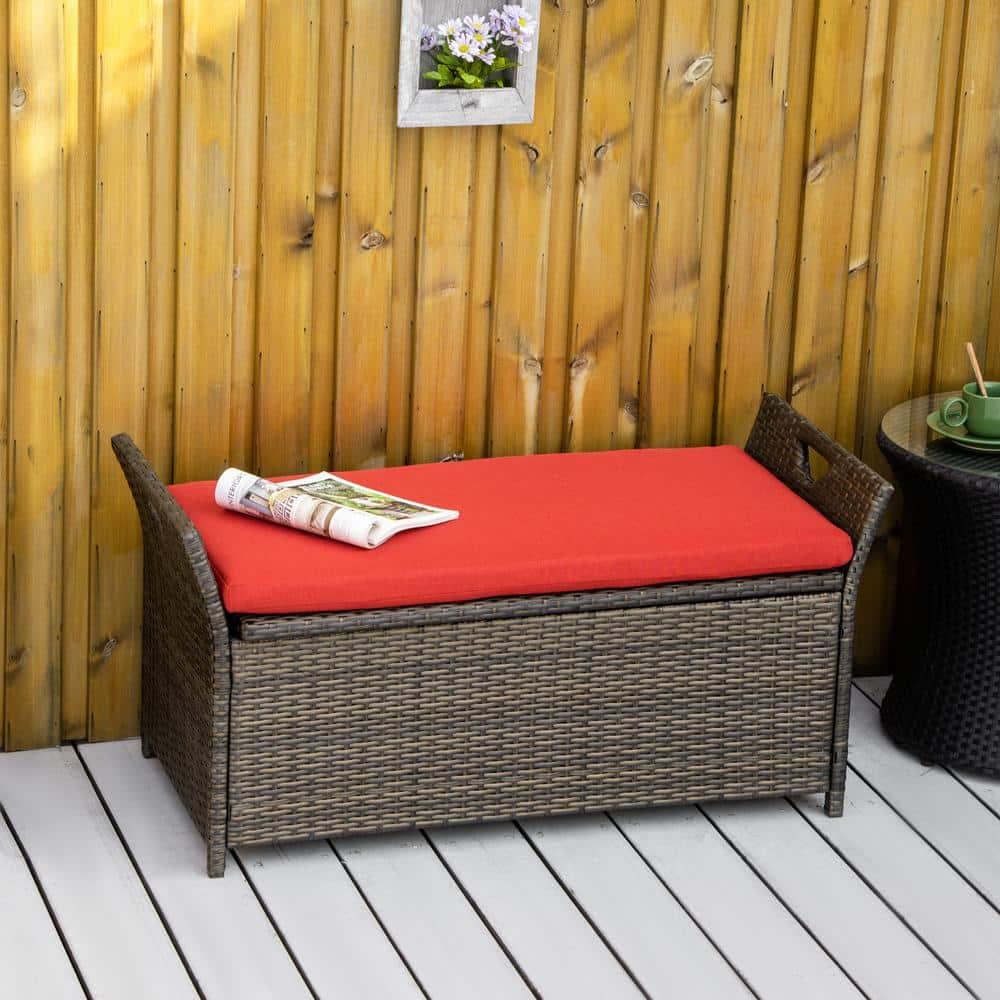 Outsunny 27 Gallon Patio Wicker Storage Bench, Outdoor PE Rattan Patio Furniture, 2-In-1 Footstool Rectangle Basket Box w/ Handles & Cushion, Red