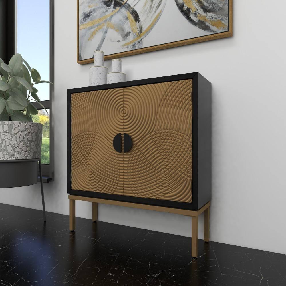 Mercury Row® Wood Relief Ripple Design 1 Shelf and 2 Door Room Cabinet with Crescent Moon Handles