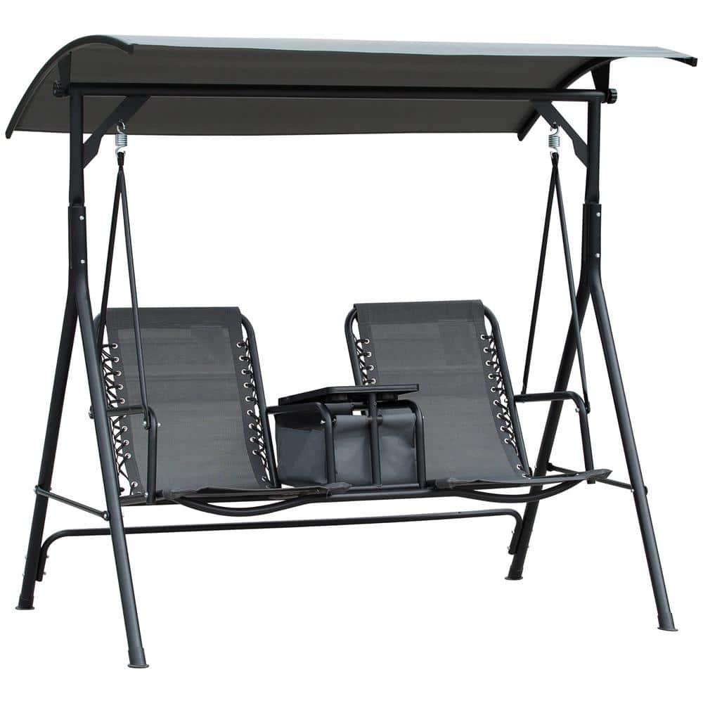 Arlmont & Co. Atay 2 Person Covered Porch Swing with Pivot Storage Table, Cup Holder, & Adjustable Overhead Canopy