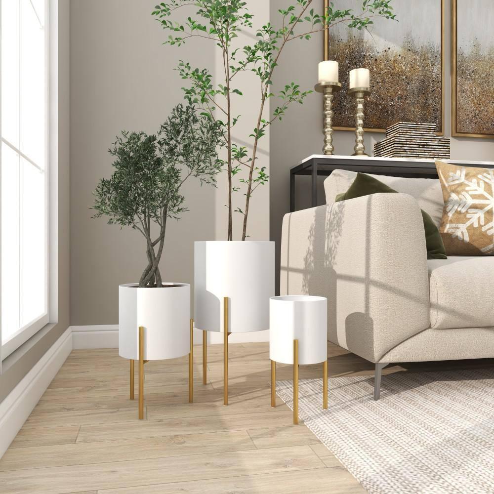 DecMode 18", 14", 12"H White Metal Planter with Removable Gold Stand (3 Count)