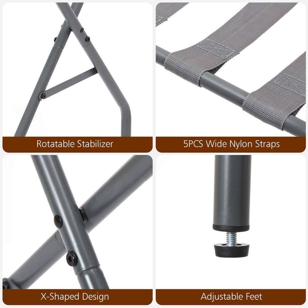 BINO 2-Pack Folding Luggage Rack Collapsible Metal Suitcase Stand With Durable Black Nylon Straps- For Bedroom, Guest Room, Or Hotel (Gray Steel)