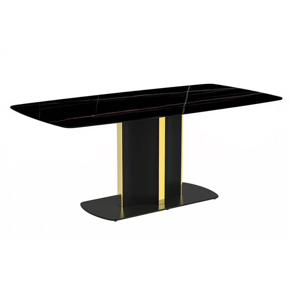 LeisureMod Sylva 62" Rectangular Dining Table Indoor Modern Kitchen Table with Sintered Stone Wide Top and Steel Pedestal Base in Black/Gold