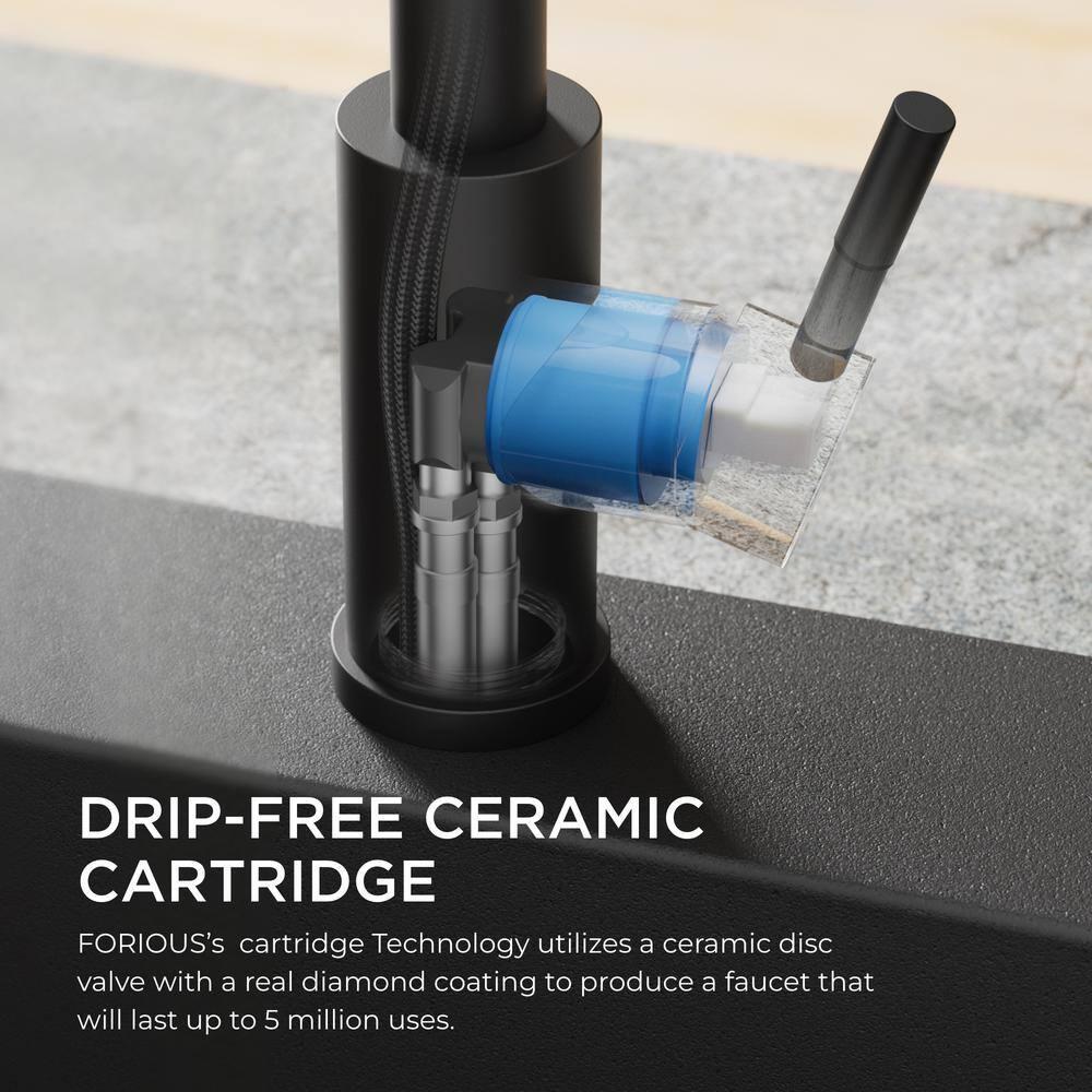 FORIOUS Black Kitchen Faucet with Soap Dispenser, Single Handle Stainless Steel Spring Sink Faucet with Pull Down Sprayer Transitional for Farmhouse Camper Laundry Camper