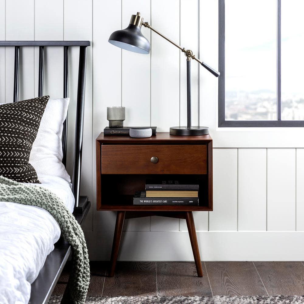 Mid-Century Modern Single-Drawer Solid Wood Nightstand - Walnut