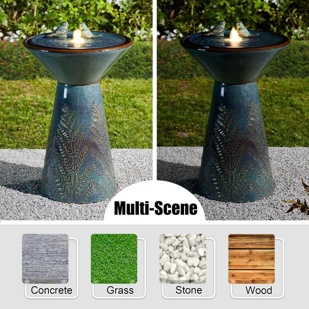 Glitzhome 27.5" Fountain with Pump and LED Light Embossed Pedestal Ceramic Bird Bath, Turquoise