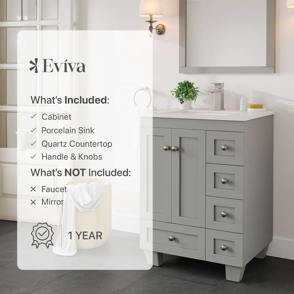 Eviva Acclaim 24" Gray Transitional Bathroom Vanity w/ White Quartz Top