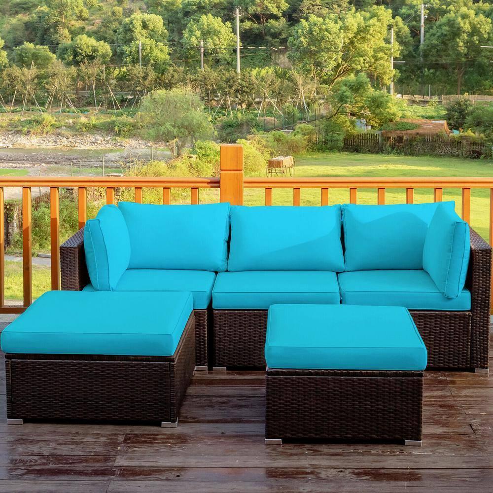 Tangkula 5PCS Cushioned Rattan Patio Conversation Set Outdoor Furniture Set w/ Ottoman