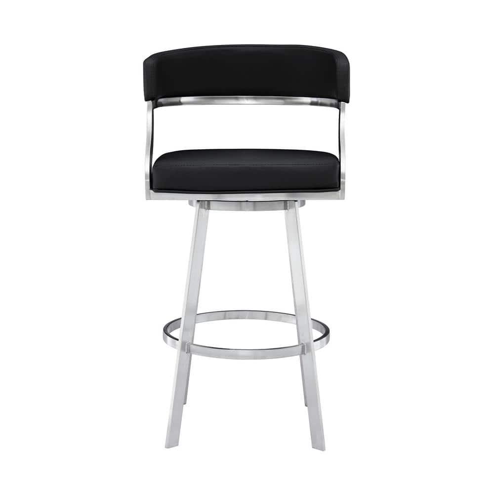 Dione 30" Seat Height Swivel Black Faux Leather and Brushed Stainless Steel Bar Stool for Kitchen Island Counter