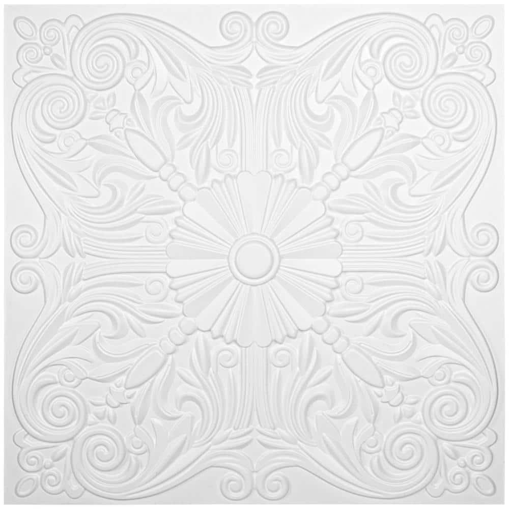 Art3d Art3d Decorative Ceiling Tile 2x2 Glue up, Lay in Ceiling Tile 24x24 Pack of 12pcs Spanish Floral in Matt White