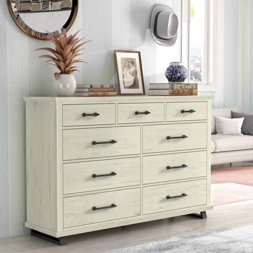 64" Dresser with 9 Drawers Cut Off-White - Festivo: Modern Farmhouse Style, Iron Leg Support, MDF Construction