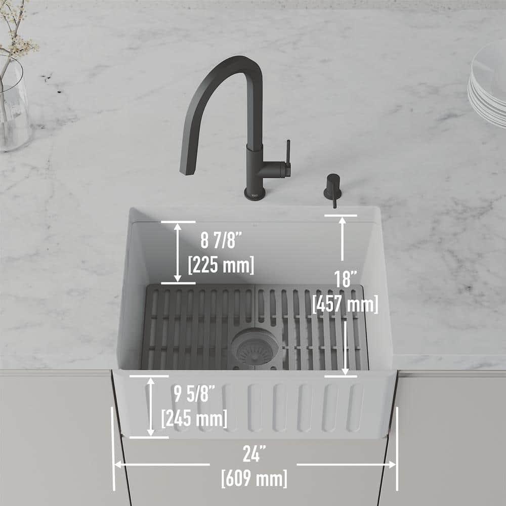 Matte Stone 24" L x 18" W Single Bowl Farmhouse Kitchen Sink with Basket Strainer and Silicone Grid